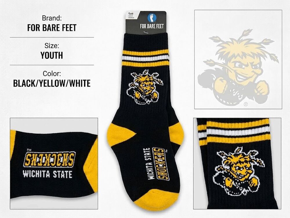 For Bare Feet Wichita State Shockers NCAA Youth Crew Socks Black Yellow NWT